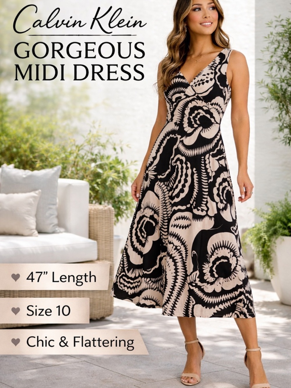 Calvin Klein Black & Beige Floral-Print Midi Dress EXCELLENT LIKE NEW CONDITION